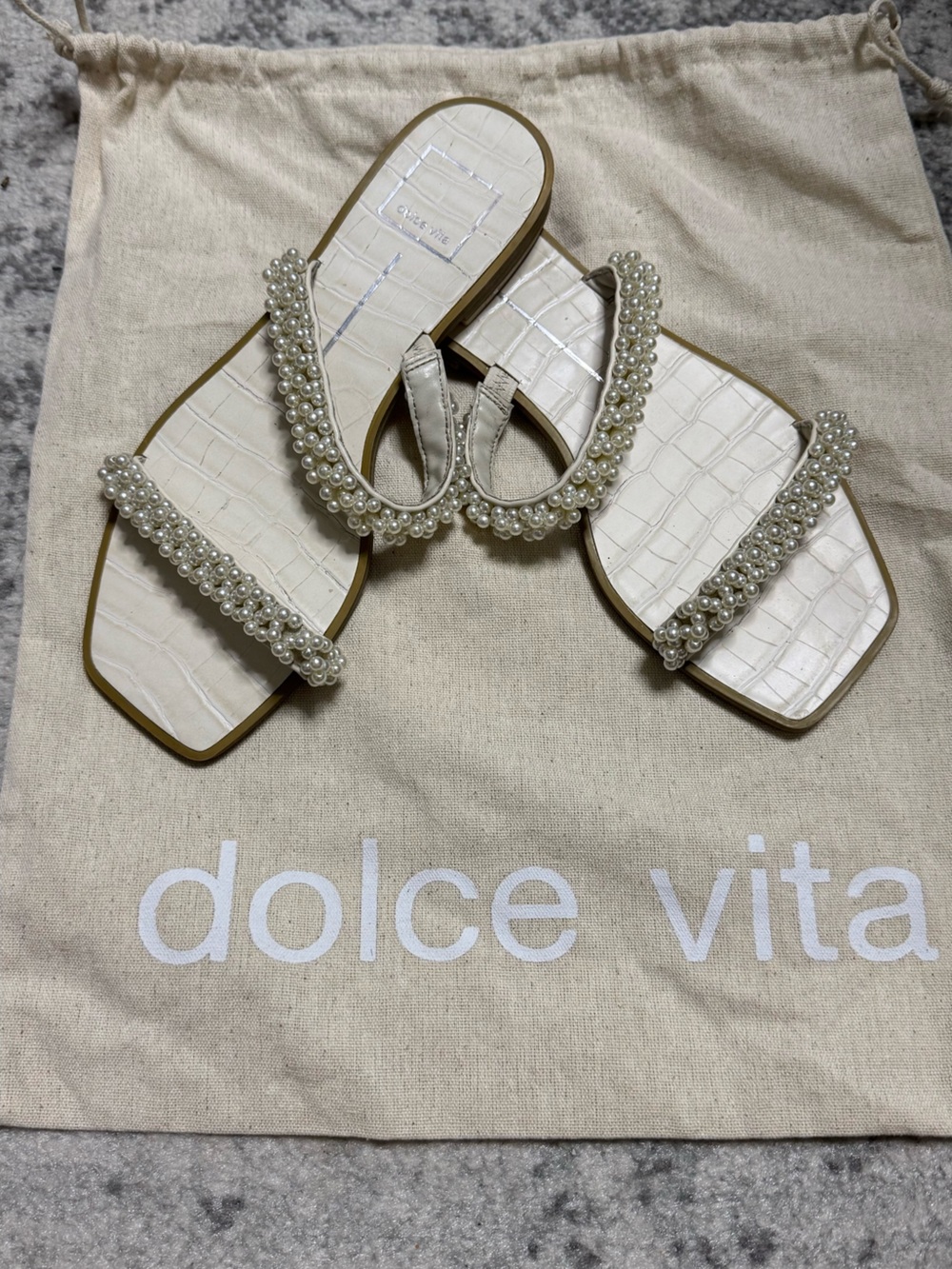 Dolce Vita Ivory Pearl-Strap Croc-Embossed Slide Sandals